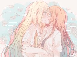  2girls absurdres blonde_hair blue_background blue_hair blush closed_eyes clothes_lift collared_shirt commentary fuwa_aya gradient_hair hand_up heart highres kissing kousaka_0v0 long_hair looking_at_another multicolored_hair multiple_girls onna_doushi_toka_arienai_desho_to_iiharu_onnanoko_wo_hyakunichikan_de_tetteiteki_ni_otosu_yuri_no_ohanashi orange_hair pastel_colors sakakibara_marika shirt shirt_lift short_sleeves upper_body white_background white_shirt yuri 