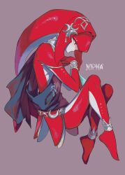  armband black_cloak character_name cloak colored_skin female fish_girl from_side full_body highres jewelry mipha multicolored_skin profile red_skin solo st00cc the_legend_of_zelda the_legend_of_zelda:_breath_of_the_wild two-tone_skin white_skin wristband 