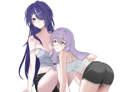  2girls absurdres acheron_(honkai:_star_rail) alternate_costume ass bare_shoulders black_swan_(honkai:_star_rail) breasts cleavage closed_mouth collarbone commentary crop_top diamond-shaped_pupils diamond_(shape) english_commentary hair_ornament hair_over_one_eye hairclip highres honkai:_star_rail honkai_(series) kneeling knees_up large_breasts long_hair looking_at_another looking_at_viewer midriff mole mole_on_back multicolored_hair multiple_girls parted_lips po_po_(user_xzzc7772) purple_eyes purple_hair shirt simple_background sitting strap_slip streaked_hair symbol-shaped_pupils very_long_hair white_background white_shirt yuri 