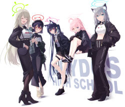  5girls absurdres ahoge alternate_costume animal_ear_fluff animal_ears ayane_(blue_archive) azumi_akitake beret black_beret black_footwear black_hair black_jacket black_pants black_pantyhose black_skirt blue_archive blue_eyes blue_ribbon blush cat_ears closed_eyes closed_mouth clothes_writing commentary_request extra_ears feline foreclosure_task_force_(blue_archive) full_body glasses green_jacket grey_hoodie hair_between_eyes hair_ribbon halo hat heterochromia highres holding holding_tablet_pc hood hoodie hoshino_(blue_archive) jacket long_hair long_skirt long_sleeves looking_at_viewer multiple_girls navel nonomi_(blue_archive) open_clothes open_jacket pants pantyhose pink_hair pink_halo plaid_clothes plaid_jacket pointy_ears red-framed_eyewear red_eyes ribbon serika_(blue_archive) shiroko_(blue_archive) shoes short_hair sidelocks simple_background skirt tablet_pc thigh_strap twintails white_background wolf_ears yellow_eyes 