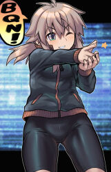  antenna_hair ass_visible_through_thighs bike_shorts black_jacket black_shorts brown_hair commentary female finger_gun green_eyes hair_between_eyes highres honeycomb_(pattern) honeycomb_background jacket koshirae_tsurugi_(m.m) long_hair long_sleeves low_ponytail m.m one_eye_closed original ponytail shorts sleeves_past_wrists smile solo star_(symbol) track_jacket v-shaped_eyebrows 