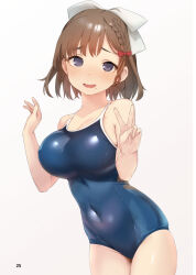  asahi_(kancolle) blue_one-piece_swimsuit blush breasts brown_hair collarbone competition_school_swimsuit covered_navel cowboy_shot female grey_eyes hair_ribbon kantai_collection large_breasts looking_at_viewer mole mole_under_mouth one-piece_swimsuit open_mouth ribbon sakieko school_swimsuit short_hair simple_background solo swimsuit v white_background white_ribbon 