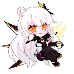  asymmetrical_gloves black_footwear black_gloves black_leotard black_pantyhose blush_stickers boots chibi commentary_request crossed_legs cup female full_body gloves hair_between_eyes holding holding_cup honkai_(series) honkai_impact_3rd kiana_kaslana kiana_kaslana_(herrscher_of_the_void) korean_commentary leotard long_hair looking_at_viewer mismatched_gloves orange_eyes pantyhose saewon simple_background smile solo very_long_hair white_background white_gloves white_hair 