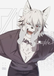  1boy animal_ear_fluff arms_behind_back body_fur collar dagmellv disembodied_hand english_commentary fangs furry furry_male grey_background hand_in_mouth hands_on_another&#039;s_cheeks hands_on_another&#039;s_face looking_at_viewer male_focus open_mouth red_eyes shirt short_hair spiked_collar spikes uneven_eyes upper_body von_lycaon white_fur white_hair wolf_boy zenless_zone_zero 