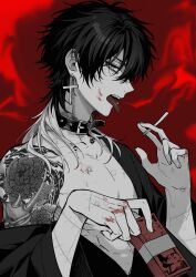  1boy absurdres blood blood_on_hands cigarette collar collarbone cross cross_earrings earrings from_side greyscale hands_up highres holding holding_cigarette holding_money jewelry looking_at_viewer loose_clothes loose_shirt male_focus medium_hair mole mole_under_eye money monochrome multicolored_hair nanin open_mouth original piercing red_background shirt shoulder_tattoo smoke solo spot_color stitched_arm stitches tattoo teeth toned toned_male tongue tongue_out tongue_piercing two-tone_hair upper_body upper_teeth_only wolf_cut 