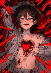  1boy absurdres bandaged_neck bandages bandaid bandaid_on_hand black_hair blood blood_on_clothes blood_on_face blood_on_stomach blush collarbone fork gauze_on_shoulder grey_eyes guro hair_between_eyes hand_up heart highres holding holding_knife knife male_focus nanin navel open_clothes open_shirt original pants parted_lips shirt short_hair smile solo striped_clothes teeth upper_body upper_teeth_only white_pants white_shirt 