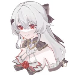  bare_shoulders black_bow bow breasts cropped_torso female flower grey_hair hair_between_eyes hairbow highres honkai_(series) honkai_impact_3rd long_hair looking_at_viewer manfu_w medium_breasts red_eyes red_flower red_rose rose simple_background smile solo theresa_apocalypse theresa_apocalypse_(luna_kindred) theresa_apocalypse_(lunar_vow:_crimson_love) upper_body white_background 