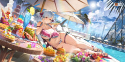  beach_umbrella bell bikini blue_sky bow breasts burger chair chinese_commentary chocolate_fountain cityscape cleavage closed_mouth cloud cloudy_sky cocktail cocktail_umbrella commentary_request copyright_name drinking_straw eating female flower food food_on_face fruit full_body girls&#039;_frontline girls&#039;_frontline_2:_exilium grapes grey_hair hairbow highres holding holding_food holding_pizza ice ice_cube jewelry large_breasts lemon lemon_slice lifebuoy logo lounge_chair lying navel neck_bell necklace official_alternate_costume official_art on_side outdoors pie pink_bikini pink_bow pizza pizza_slice plump pool purple_flower red_eyes shoes sky smile solo spas-12_(girls&#039;_frontline) stomach sun swim_ring swimsuit toeless_footwear twintails two-tone_bikini umbrella white_bikini white_flower 