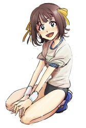  amami_haruka black_buruma blue_footwear blush brown_hair buruma female full_body green_eyes gym_uniform idolmaster looking_at_viewer open_mouth ribbon shirt short_hair simple_background solo tamtamdi white_background white_shirt white_wristband yellow_ribbon 