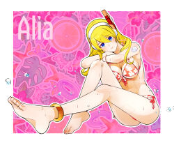  alia_(mega_man) alternate_costume bikini blonde_hair blue_eyes blush border breasts character_name female floral_print highres large_breasts long_hair mega_man_(series) mega_man_x_(series) pink_background red_bikini rikka_(user_hruv2435) robot_girl sarong shadow side-tie_bikini_bottom solo swimsuit white_border 