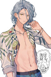  bracelet buttons chibi chibi_inset cowboy_shot doodle_inset ensemble_stars! food fruit fruit_print grey_hair groin hair_between_eyes hand_up highres himeru_(ensemble_stars!) jewelry kiwi_(fruit) kiwi_print leaf_print leaning_back looking_at_viewer male_focus male_swimwear navel necklace open_clothes open_shirt parted_lips pectoral_cleavage pectorals shiina_niki shirt simple_background sleeves_past_elbows sleeves_rolled_up solo_focus standing stomach swim_trunks three_quarter_view unbuttoned usagi_kyogijo white_background white_shirt yellow_eyes 