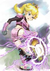  absurdres armor ball black_shirt blonde_hair blue_eyes blue_gemstone blurry blurry_background breastplate clenched_hand commentary_request crop_top earrings electricity female gauntlets gem hair_flaps highres jewelry kicking leg_up long_sleeves looking_down mario_(series) mario_strikers_charged medium_hair midriff motion_blur open_mouth otya_kan pink_shorts pink_thighhighs playing_sports ponytail princess_peach red_gemstone shirt shoes short_shorts shorts shoulder_pads sidelocks soccer soccer_ball soccer_uniform solo sportswear standing standing_on_one_leg strikers_peach sweat thighhighs v-shaped_eyebrows yellow_crown 