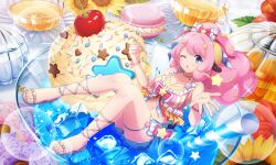  ;o ahoge air_bubble animal_ears artist_request bikini blue_eyes bow bracelet bubble cherry cocktail_glass collarbone cup doughnut drink drinking_glass drinking_straw female flower fluffy_hair food frilled_bikini frills from_above fruit full_body hair_ornament hairbow holding holding_spoon horns ice ice_cream ice_cube in_container in_cup in_food jewelry knees_together_feet_apart leaf lens_flare long_hair looking_at_viewer macaron moa_(show_by_rock!!) navel official_alternate_costume official_art one_eye_closed open_mouth partially_submerged pendant_choker pink_bikini pink_hair ponytail reclining sandals sheep_ears sheep_girl sheep_horns sheep_tail show_by_rock!! solo sparkle spoon sprinkles star_(symbol) star_hair_ornament sunflower swimsuit tail thighlet third-party_source 