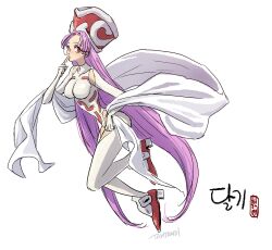  breasts collarbone detached_sleeves eyelashes female full_body hat highres houshin_engi large_breasts leotard long_hair looking_at_viewer parted_lips pink_hair red_eyes red_footwear red_hat signature simple_background so_dakki solo tamtamdi thighhighs very_long_hair white_background white_leotard white_sleeves white_thighhighs 