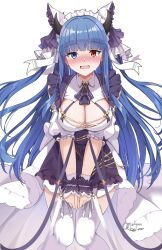  alternate_costume animal_band animal_ears apron as4gi ascot azur_lane blue_eyes blue_hair blush breasts cheshire_(azur_lane) cheshire_(azur_lane)_(cosplay) cleavage commission cosplay detached_sleeves dress embarrassed fake_animal_ears female frilled_hairband frilled_ribbon frills garter_belt garter_straps hairband highres ibuki_(azur_lane) lace-trimmed_thighhighs large_breasts layered_dress long_hair long_ribbon looking_at_viewer maid maid_headdress pixiv_commission puffy_detached_sleeves puffy_sleeves purple_apron purple_ascot red_eyes ribbon thighhighs white_garter_belt white_garter_straps white_thighhighs wrist_cuffs 