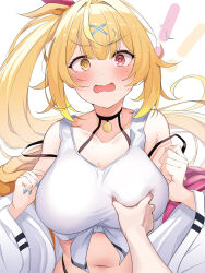  ! !! 1other @_@ absurdres ahoge black_choker blonde_hair blue_nails blunt_bangs blush breasts choker collarbone crop_top embarrassed female front-tie_top grabbing_another&#039;s_breast groping hair_intakes hair_ornament hair_ribbon hands_up heterochromia highres hoshikawa_sara hoshikawa_sara_(1st_costume) jacket large_breasts long_hair looking_at_viewer navel nijisanji off_shoulder open_mouth pink_ribbon pov red_eyes ribbon shirt side_ponytail simple_background sleeveless sleeveless_shirt tank_top upper_body v-shaped_eyebrows virtual_youtuber wavy_mouth white_background white_jacket white_tank_top x_hair_ornament yellow_eyes yunon_oto_mad 