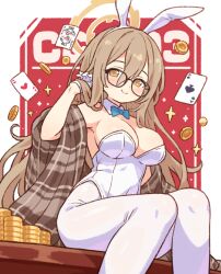  akane_(blue_archive) akane_(bunny)_(blue_archive) animal_ears blue_archive blush bow bowtie breasts brown_eyes brown_hair card cleavage coin commentary detached_collar fake_animal_ears female glasses gloves hair_between_eyes large_breasts leotard long_hair looking_at_viewer onyhakase pantyhose playboy_bunny rabbit_ears shawl sitting smile solo sparkle strapless strapless_leotard very_long_hair white_gloves white_leotard white_pantyhose 