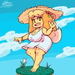  animal_crossing anthro big_breasts breasts canid canine canis cel_shading clothed clothing cloud digital_media_(artwork) domestic_dog dress feet female fur hair hi_res isabelle_(animal_crossing) looking_at_viewer mammal nintendo open_mouth outside shaded shih_tzu shimashima simple_background sky smile solo tail toy_dog yellow_body yellow_fur 