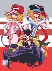  2girls 3boys bandana blonde_hair blue_eyes boyakki cabbie_hat cape commentary_request domino_mask doronjo gloves goggles green_eyes hat hat_tip injury jumpsuit kamikita_futago kaminari_ai kendama lipstick long_hair looking_at_viewer makeup mask multiple_boys multiple_girls purple_gloves red_gloves short_hair signature smile takada_gan time_bokan_(series) tonzura torn_clothes yatterman 