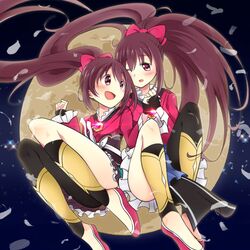  2girls :d ;d amane_tsukasa amane_tsukuyo ass_visible_through_thighs asymmetrical_legwear black_gloves black_thighhighs bow brown_hair commentary_request fingerless_gloves full_moon gloves hairbow highres holding_hands kaeru_dx looking_at_another magia_record:_mahou_shoujo_madoka_magica_gaiden magical_girl mahou_shoujo_madoka_magica mismatched_legwear moon multiple_girls night one_eye_closed open_mouth pink_bow ponytail red_eyes siblings sisters smile thighhighs twins 