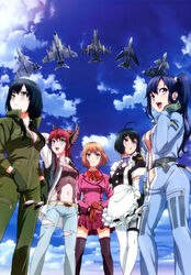  &gt;:( 5girls :d :o absurdres adjusting_clothes adjusting_gloves adjusting_hair ahoge aircraft airplane apron arm_behind_back arm_behind_head belt black_hair black_legwear blazer blue_eyes blue_hair bodysuit bow breasts buttons catherine_weller catherine_weller_(cosplay) center_opening choker christine_waldegard christine_waldegard_(cosplay) cleavage cloud collared_shirt cosplay daisan_hikou_shoujo-tai day denim f-4_phantom_ii frills frown gloves green_eyes grey_eyes groin hair_over_shoulder head_wings high_collar high_ponytail highres hitotose_aria hitotose_aria_(cosplay) holding holding_removed_eyewear iai_kfir imai_midori jacket jeans jet long_hair long_sleeves looking_at_viewer looking_to_the_side low_twintails maid mig-23 military mitsubishi_f-1 miyamori_aoi multiple_girls navel no_bra noa_ashkenazi noa_ashkenazi_(cosplay) non-web_source nyantype official_art open_clothes open_mouth open_shirt open_vest orange_hair outdoors pants parody pilot_suit plaid plaid_skirt pleated_skirt ponytail puffy_sleeves purple_eyes red_hair ribbon saab_viggen sakaki_shizuka scan scrunchie shirobako shirt short_hair short_sleeves side_ponytail skirt sky small_breasts smile standing sunglasses sweden swedish_flag tatiana_yakovlev tatiana_yakovlev_(cosplay) thighhighs torn_clothes torn_jeans torn_pants toudou_misa twintails unworn_eyewear unzipped v-shaped_eyebrows vest waist_apron white_thighhighs wings yasuhara_ema zettai_ryouiki zipper 