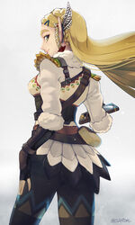  belt black_gloves black_handwear black_pants blonde_hair female fingerless_gloves flowing_hair fur fur_trim gloves hair_clip holding_object long_hair long_sleeves looking_back pants pointy_ears princess_zelda smile solo the_legend_of_zelda the_legend_of_zelda_breath_of_the_world wind zelda_(breath_of_the_wild) 