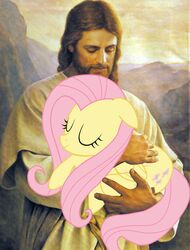  duo equid equine female feral fluttershy_(mlp) friendship_is_magic hasbro horse hug human jesus_christ male mammal my_little_pony pony religion unknown_artist 