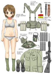  alice_gear assault_rifle blush boots bra breasts brown_eyes brown_gloves brown_hair camouflage closed_mouth commentary_request ebifly english_text equipment_layout female gloves goggles green_socks grey_bra grey_panties gun hat highres knife knolling medium_breasts military military_uniform navel original painttool_sai_(medium) panties pouch rifle short_hair simple_background socks solo standing underwear uniform united_states_army unworn_boots unworn_clothes watch weapon white_background wristwatch 