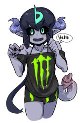  1boy bad_id bad_pixiv_id bare_shoulders black_nails black_sclera blush bulge colored_sclera cropped_legs docu_(doppel) doppel_(bonnypir) green_eyes horns male_focus monster_boy monster_energy nail_polish off_shoulder open_mouth original pointy_ears product_placement simple_background smile solo white_background 