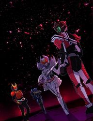  3boys commentary_request female from_behind gun holding holding_weapon kamen_rider kamen_rider_dcd kamen_rider_decade kamen_rider_diend kamen_rider_kivala kamen_rider_kuuga multiple_boys night night_sky rider_belt sky star_(sky) starry_sky sword weapon yoshino_(gunform) 