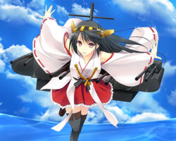  bare_shoulders black_hair black_thighhighs blue_sky blush boots brown_eyes cloud commentary_request day detached_sleeves female hairband haruna_(kancolle) japanese_clothes kantai_collection long_hair nontraditional_miko ocean open_mouth photoshop_(medium) ribbon-trimmed_sleeves ribbon_trim skirt sky smile solo takepon thigh_boots thighhighs zettai_ryouiki 