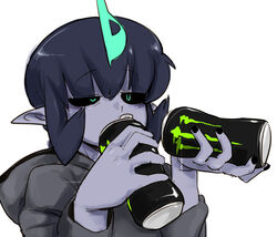  5_fingers black_hair black_nails black_sclera clothed clothing colored_nails docu_(doppel) doppel drinking fingers green_eyes grey_body grey_skin hair hoodie humanoid humanoid_pointy_ears male monster_energy monster_girl_(genre) nails not_furry simple_background solo teal_eyes topwear white_background 