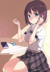  belt blouse blue_eyes book brown_hair chikuwa. commentary_request day digital_media_player earbuds earphones female from_side hands_up holding indoors ipod ipod_nano legs_together looking_at_viewer original parted_lips plaid plaid_skirt shade shirt short_hair short_sleeves single_earphone_removed sitting skirt solo thighs white_shirt 