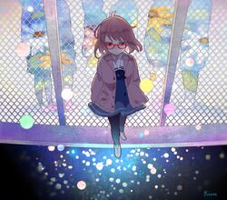  bob_cut cardigan commentary female fence fireflies glasses highres kuriyama_mirai kyoukai_no_kanata pantyhose pink_hair red-framed_eyewear school_uniform serafuku short_hair skirt symbol-only_commentary yunare 