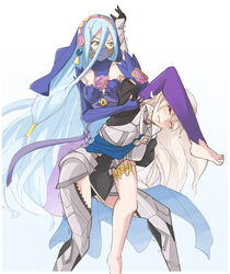  2girls armor azura_(fire_emblem) azura_(performing_arts)_(fire_emblem) bare_shoulders barefoot blue_hair blush cape commentary_request corrin_(female)_(fire_emblem) corrin_(fire_emblem) dress fire_emblem fire_emblem_fates fire_emblem_heroes gloves grey_hair hair_between_eyes hair_ornament hairband highres jaegan long_hair mouth_veil multiple_girls octopus_hold photoshop_(medium) pointy_ears ryona simple_background submission_hold veil white_hair wrestling yellow_eyes 