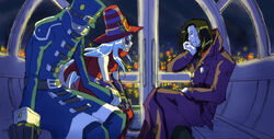  amatera arachnemon bandai black_hair digimon digimon_adventure digimon_adventure_02 female hat long_hair multiple_boys mummymon night oikawa_yukio short_hair silver_hair sunglasses 