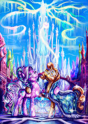  2016 absurd_res aurora_(phenomenon) blue_eyes cape castle city clothing cloud crystal crystal_empire cutie_mark detailed_background duo equid equine eyewear female feral friendship_is_magic fur glasses hair hasbro hi_res horn iridescent jowybean magic male mammal multicolored_hair my_little_pony mythological_creature mythological_equine mythology orange_body orange_fur orange_hair outside palace pink_body pink_eyes pink_fur sky smile starlight_glimmer_(mlp) sunburst_(mlp) two_tone_hair unicorn 