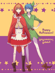  2boys angel_beats! asymmetrical_footwear commentary_request cosplay crossdressing halloween hat hinata_hideki hood little_red_riding_hood little_red_riding_hood_(grimm) little_red_riding_hood_(grimm)_(cosplay) male_focus mismatched_footwear multiple_boys otonashi_yuzuru peter_pan peter_pan_(character) peter_pan_(character)_(cosplay) photoshop_(medium) v yuzu_juncgr 