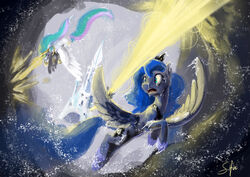  2016 absurd_res alicorn attack battle blue_hair castle cloud crystal_empire cutie_mark duo energy_beam equid equine feathered_wings feathers female feral flying friendship_is_magic green_eyes hair hasbro hi_res horn magic mammal multicolored_hair my_little_pony mythological_creature mythological_equine mythology open_mouth princess_celestia_(mlp) princess_luna_(mlp) purple_eyes silfoe snow speedpaint wings 