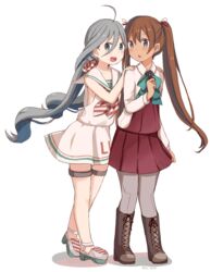  2girls ahoge bad_id bad_twitter_id bare_legs blue_eyes blue_hair boots bow bowtie brown_hair cosplay costume_switch dress grey_eyes grey_hair hair_ribbon hands_on_another&#039;s_shoulders highres kantai_collection kiyoshimo_(kancolle) kiyoshimo_(kancolle)_(cosplay) libeccio_(kancolle) libeccio_(kancolle)_(cosplay) long_hair looking_at_viewer low_twintails multicolored_hair multiple_girls neckerchief open_mouth pantyhose pleated_skirt ribbon riz_(ravel_dc) sailor_dress school_uniform serafuku skirt skirt_hold sleeveless sleeveless_dress striped striped_bow striped_neckerchief thigh_strap twintails twitter_username 