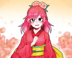  blush camellia commentary female floral_background flower geusaeng green_eyes hair_flower hair_ornament hand_up high_ponytail japanese_clothes kimono long_hair looking_at_viewer multicolored_hair name_connection object_namesake parted_lips pink_flower pink_hair solo symbol-only_commentary tsubakihime_(youkai_watch) two-tone_hair youkai_(youkai_watch) youkai_watch 