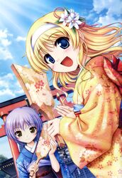  2girls :3 :d bekkankou blonde_hair blue_eyes brown_eyes cloud copyright_name daitoshokan_no_hitsujikai english floral_print flower hagoita hair_flower hair_ornament hairband highres ios_wallpaper japanese_clothes kimono lavender_hair light_rays misono_senri multiple_girls new_year open_mouth paddle sky smile sunbeam sunlight suzuki_kana torii 