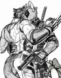  2boys animal_ears ass bara belt cat_ears cat_tail claws commentary deadpool deadpool_&amp;_wolverine deadpool_(series) dishing facial_hair fake_animal_ears greyscale gun hand_on_another&#039;s_waist holding holding_gun holding_weapon katana male_focus marvel mask mature_male monochrome multiple_boys muscular muscular_male ribbon short_hair superhero_costume sword sword_on_back symbol-only_commentary tail tail_ornament tail_ribbon two-tone_bodysuit weapon weapon_on_back wolverine_(x-men) x-men yaoi 