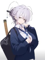  bag bags_under_eyes blazer blue_jacket blue_necktie button_gap collared_shirt female finger_to_mouth grey_eyes grey_hair hair_bun hair_ornament hair_stick halo itokonoue_kaoru jacket looking_at_viewer loose_necktie necktie project_kv shirt shoulder_bag smile solo white_shirt yushan_liang_sheng 