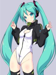  alice_gear_aegis aqua_eyes aqua_hair black_jacket black_thighhighs breasts circle_cutout cleavage_cutout clothing_cutout companion/af covered_collarbone cowboy_shot f_1chan front_zipper full-length_zipper grey_background hatsune_miku highleg highleg_leotard highres jacket leotard long_hair race_queen simple_background sleeveless_turtleneck_leotard small_breasts smile thighhighs turtleneck turtleneck_leotard twintails two-tone_leotard very_long_hair vocaloid w_arms white_leotard zipper zipper_leotard zipper_pull_tab 