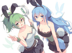  2girls absurdres adapted_costume animal_ears blue_eyes blue_hair breasts cleavage duel_monster dutch_angle eria_(yu-gi-oh!) eria_the_water_charmer fake_tail green_eyes green_hair highres holding holding_staff kanzakietc large_breasts multiple_girls ponytail pout rabbit_ears rabbit_tail smile staff tail v wynn_(yu-gi-oh!) wynn_the_wind_charmer yu-gi-oh! 