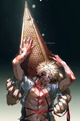  2boys absurdres animal_collar bakugou_katsuki blonde_hair blood blood_on_face boku_no_hero_academia collar cosplay highres holding holding_leash kirishima_eijirou leash male_focus multiple_boys muscular muscular_male muzzle open_mouth pectorals pyramid_head pyramid_head_(cosplay) red_eyes scallopojisan shirt short_hair silent_hill_(series) silent_hill_2 torn_clothes torn_shirt twitter_username upper_body white_shirt yaoi 