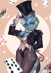  2022 5_fingers absurd_res anthro anthrofied artist_name bedroom_eyes big_breasts black_tie_(suit) blue_body blue_fur blue_hair blue_tail breasts button_(fastener) cane card clothing clothing_aside coat cutie_mark dreamworks_smirk equid equine eyelashes female fingers five_of_clubs four_of_clubs friendship_is_magic fur glistening glistening_breasts glistening_clothing glistening_coat glistening_hair glistening_hat glistening_headgear glistening_headwear glistening_leotard glistening_tail glistening_top_hat glistening_topwear gloves grin grinning_at_viewer hair handwear hasbro hat hat_tip headgear headwear hi_res highleg highleg_leotard holding_cane holding_object horn legwear leotard leotard_aside looking_at_viewer mammal my_little_pony mythological_creature mythological_equine mythology narrowed_eyes nine_of_spades nire pantyhose playing_card portrait purple_clothing purple_coat purple_eyes purple_hat purple_headwear purple_leotard purple_topwear queen_of_diamonds seductive smile smiling_at_viewer solo star star_ear_ring suit tail tailcoat three-quarter_portrait top_hat topwear trixie_(mlp) unicorn unicorn_horn white_clothing white_dress_shirt white_gloves white_handwear white_leotard 