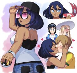  2boys 2girls absurdres baseball_cap black_hair blue_eyes blush breasts closed_eyes covering_face dark-skinned_female dark_skin denim denim_shorts dexio_(pokemon) elio_(pokemon) hat heart highres holding holding_poke_ball kissing lillie_(pokemon) lipstick_mark lipstick_mark_on_face looking_at_another mask mega_ring multiple_boys multiple_girls multiple_views nail_polish pink-tinted_eyewear poke_ball pokemon pokemon_sm pokemon_xy purple_hair shorts signature sina_(pokemon) straight sun_hat tinted_eyewear ultra_ball unworn_mask yamouri 