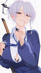  absurdres black_bra black_choker black_eyes blue_cardigan blue_necktie bra bra_peek breasts bright_pupils button_gap cardigan choker collared_shirt dress_shirt female fingernails grey_hair grin hair_bun hair_ornament hair_stick half-closed_eyes halo highres index_finger_raised itokonoue_kaoru large_breasts long_fingernails long_sleeves looking_at_viewer nail_polish necktie project_kv purple_nails revision serelith shirt short_hair simple_background single_hair_bun smile solo sword underwear upper_body weapon weapon_on_back white_background white_pupils white_shirt 